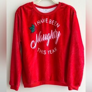 AWAKE "I Have Been Naughty This Year" Fuzzy Crewneck Holiday Sweater, Red, Med